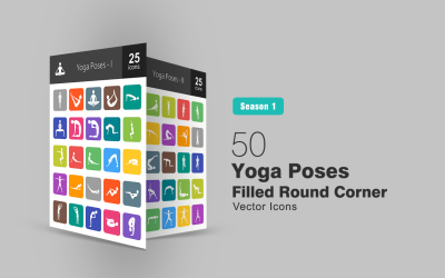 Conjunto de iconos de esquina redonda llena de 50 posturas de yoga