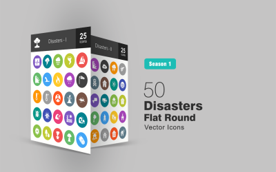 50 katastrofer platt rund ikonuppsättning