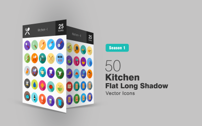50 Kitchen Flat Long Shadow Icon Set