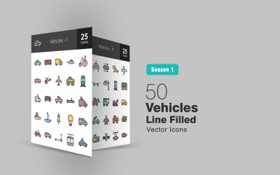 Set di icone di linea piena di 50 veicoli