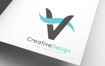 Creative V bokstaven blå våg logotypdesign