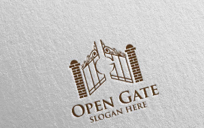 Bienes raíces con Open Gate Property y Home Shape Logo Template