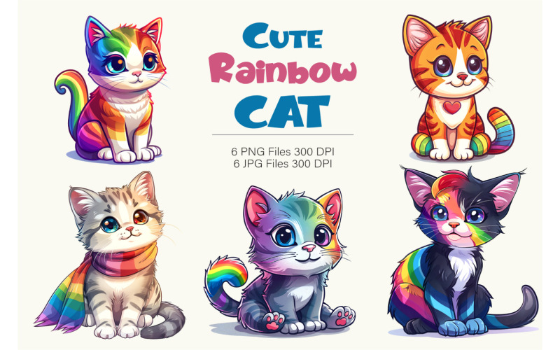 Cute rainbow Cats. TShirt Sticker. Illustration