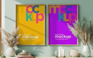 Poster Frame Mockup with a vase and books on the shelf 32