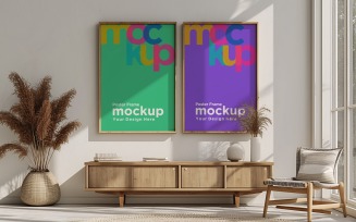 Poster Frame Mockup with a vases and books on the table 54