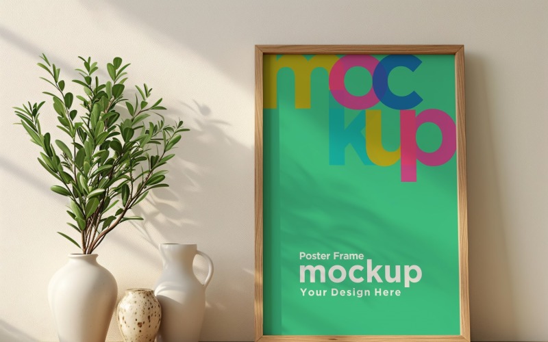 Poster Frame Mockup with a vases on the shelf 33 Product Mockup