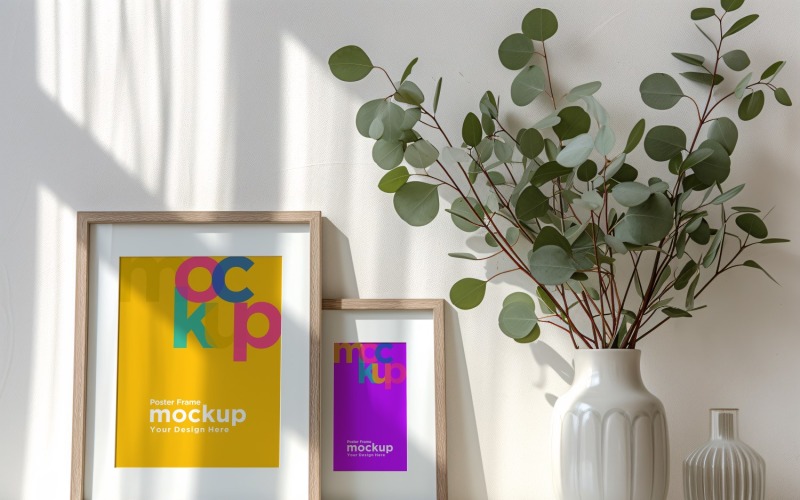 Poster Frame Mockup with a vases on the shelf 38 Product Mockup