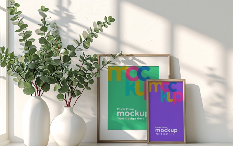 Poster Frame Mockup with a vases on the shelf 39 Product Mockup