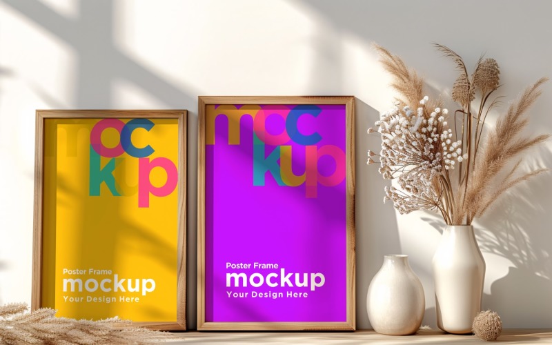 Poster Frame Mockup with a vases on the shelf 70 Product Mockup