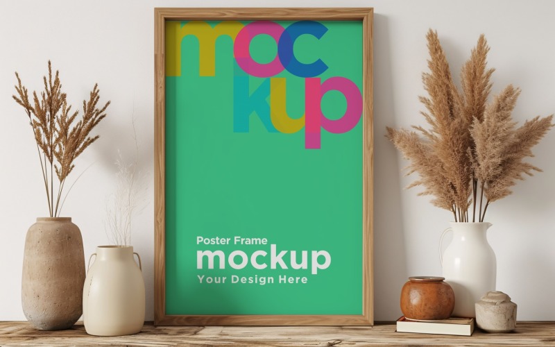 Poster Frame Mockup with a vases on the shelf 73 Product Mockup
