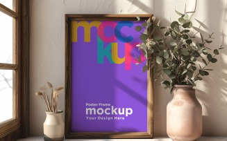 Poster Frame Mockup with a vases on the shelf 82