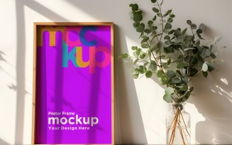 Poster Frame Mockup with Decorative Items on the shelf 84
