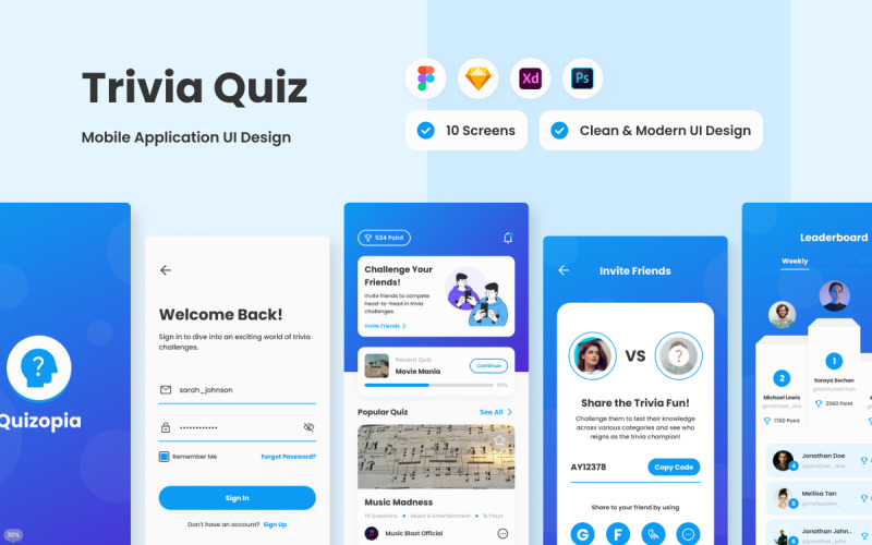 Quizopia - Trivia Quiz Mobile App UI Element