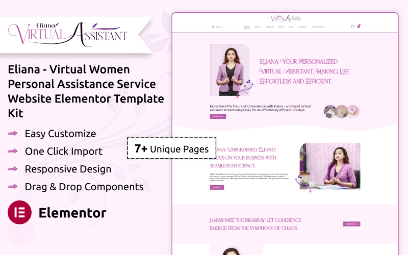 Eliana Women Virtual Assistance WordPress Elementor Template Kit Elementor Kit