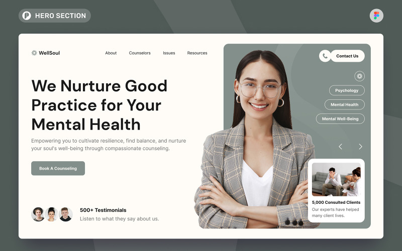 WellSoul - Psychology & Counselling Hero Section Figma Template UI Element