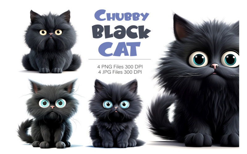 Cat black chubby. TShirt Sticker. Illustration