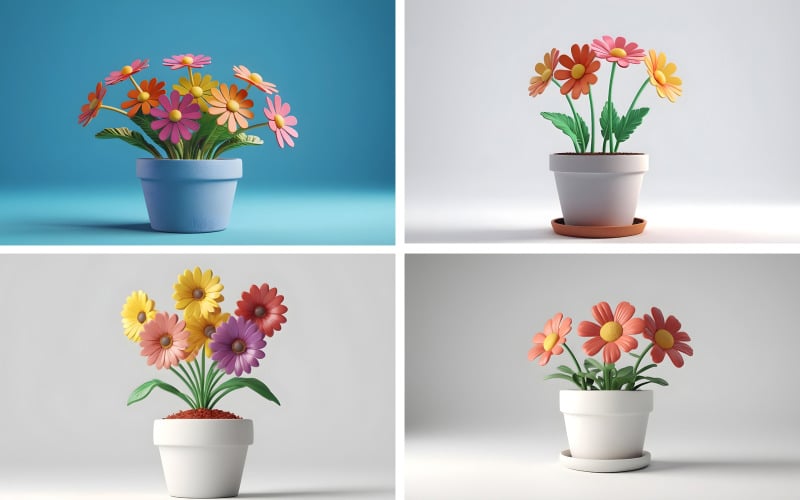 Flowers in pot on white and blue background Background