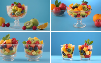 Fruit salad in glasses on blue background, Healthy diet