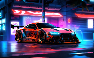 Car in the neon stage on showroom_racing car on the neon background