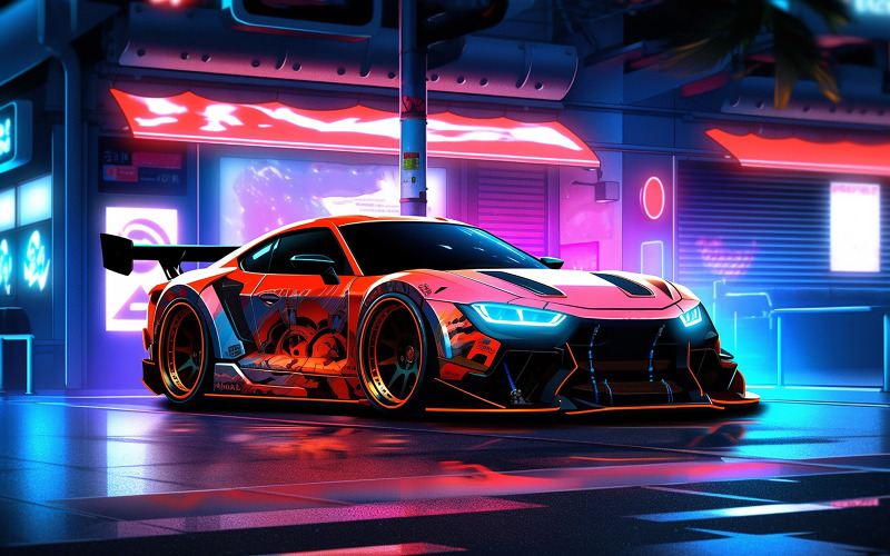 Car in the neon stage on showroom_racing car on the neon background Background