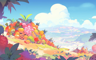 Fruits hill background_tropical fruits hill with sky_tropical fruits land_fruits landscape