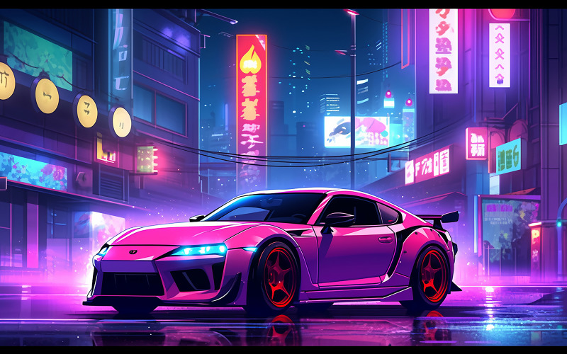Neon car in the city background_neon modern car background_neon car in the neon city Background