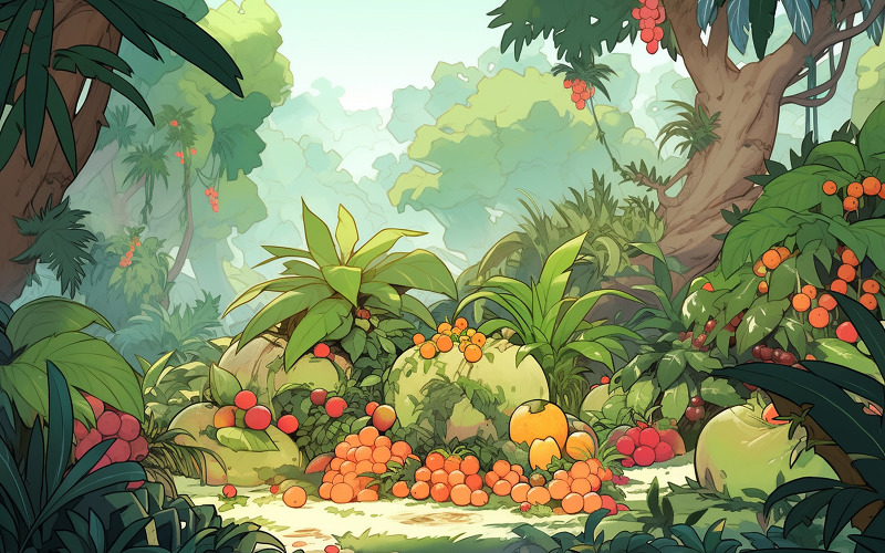 Tropical jungle with fruits_tropical rainforest background with fruits_green rainforest Jungle Background