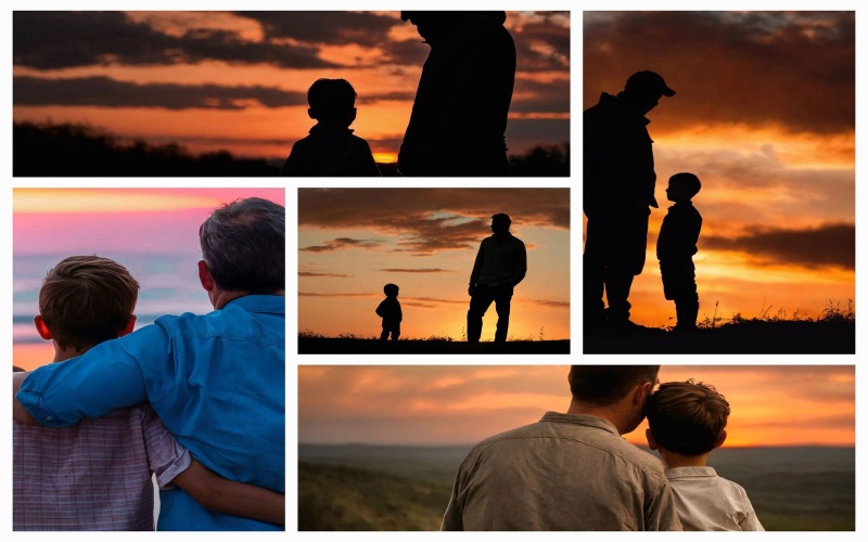 Collection Of 5 Father And Son Shot From Behind On The Sunset Illustration