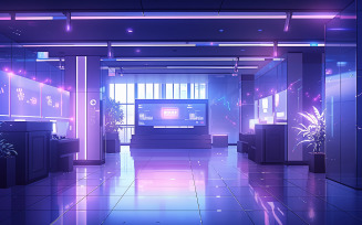 Blank glass office with neon light