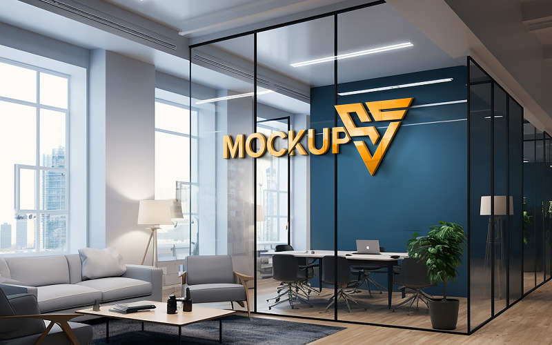 Office glass wall indoor logo mockup Product Mockup