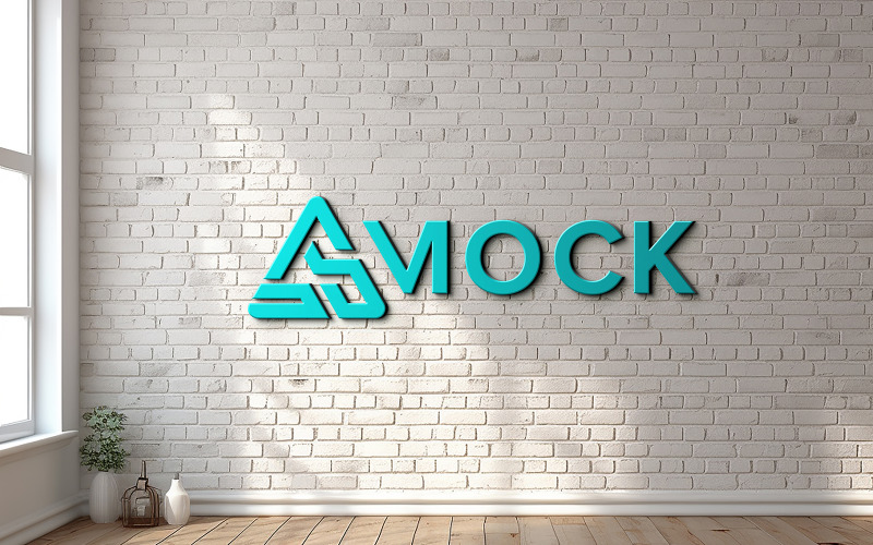 3d realistic cyan logo mockup on bricks wall Product Mockup
