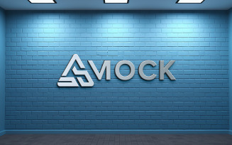 3d realistic logo mockup on bricks blue wall