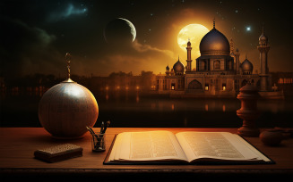 Mosque at sunset with islamic book