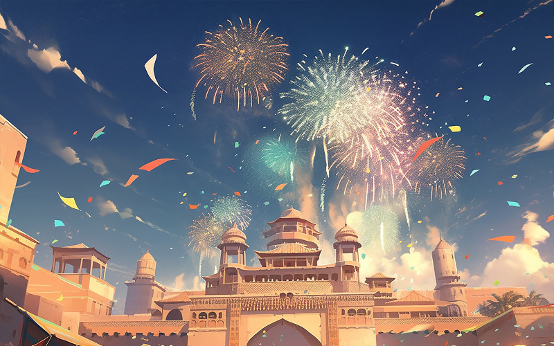 Mosque with fireworks_fireworks celebration Background