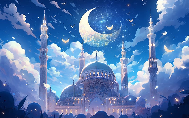 Mosque with minaret_mosque with minaret and moon Background