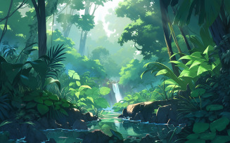 Tropical jungle with waterfall_tropical rainforest with waterfall_tropical jungle with lake