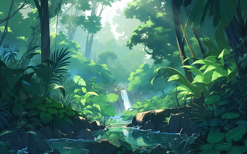 Tropical jungle with waterfall_tropical rainforest with waterfall_tropical jungle with lake Background