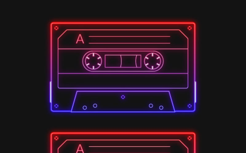 Neon retro audio red cassette tape, a vector illustration set Vector Graphic