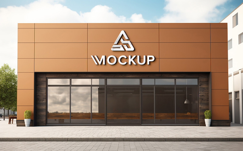 Logo mockup on company front sign building Product Mockup