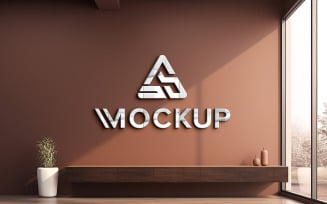 Metal logo mockup on brown wall