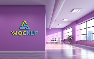 Realistic office purple wall 3d logo mockup
