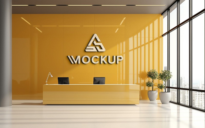 Hotel reception desk logo mockup on wall Product Mockup