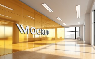 3d logo mockup on golden office wall indoor