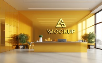 Office desk room golden wall logo mockup 3d realistic
