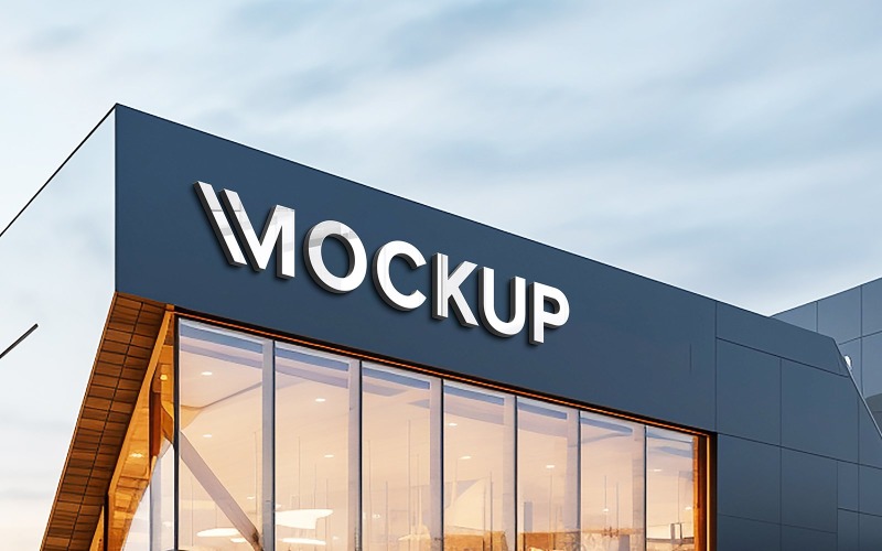 Metal 3d logo mockup on company building front sign Product Mockup