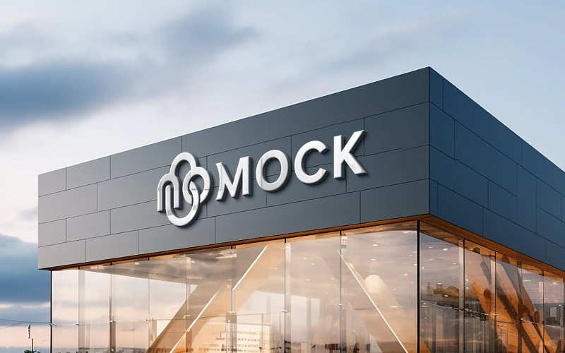 Metal 3d logo mockup on building front sign Product Mockup