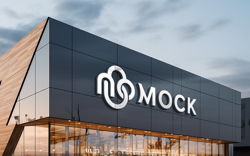 Realistic 3d metal logo mockup on building facade sign Product Mockup