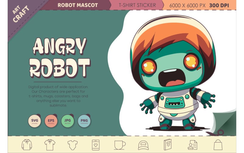 Angry Cartoon Robot. T-Shirt, PNG, SVG. Vector Graphic