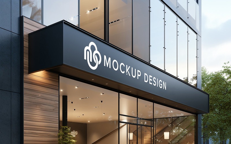 Perspective logo on modern building facade sign Logo mockup sign modern building facade sign Product Mockup