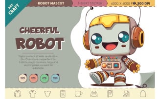 Cheerful cartoon robot. T-Shirt, PNG, SVG.